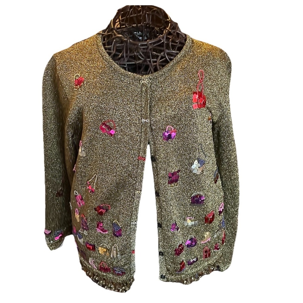 VTG Christina Rotelli Metallic Gold Beaded Sequin Cardigan‎ S Novelty Twee Retro